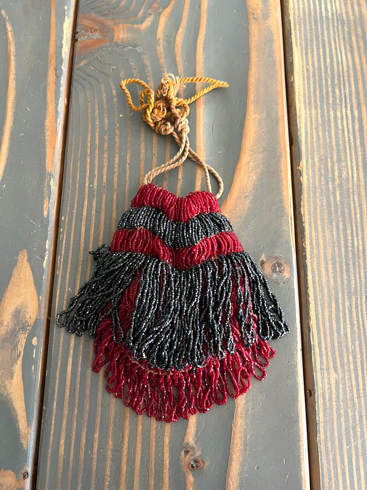 Red and Black Beaded Reticule Drawstring Bag 1920s Flapper Bag Antique