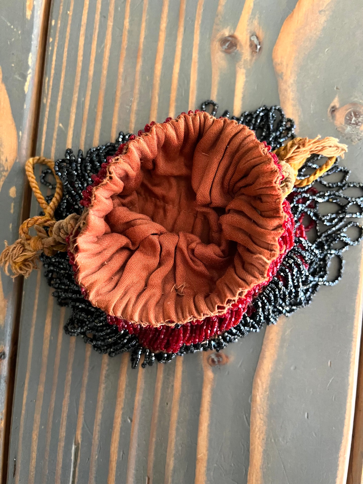 Red and Black Beaded Reticule Drawstring Bag 1920s Flapper Bag Antique
