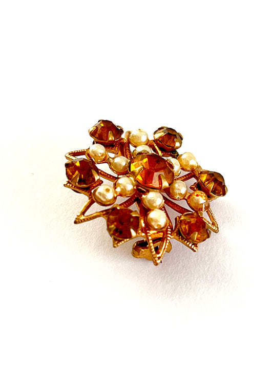 Amber Rhinestone and Seed Pearl Small Brooch