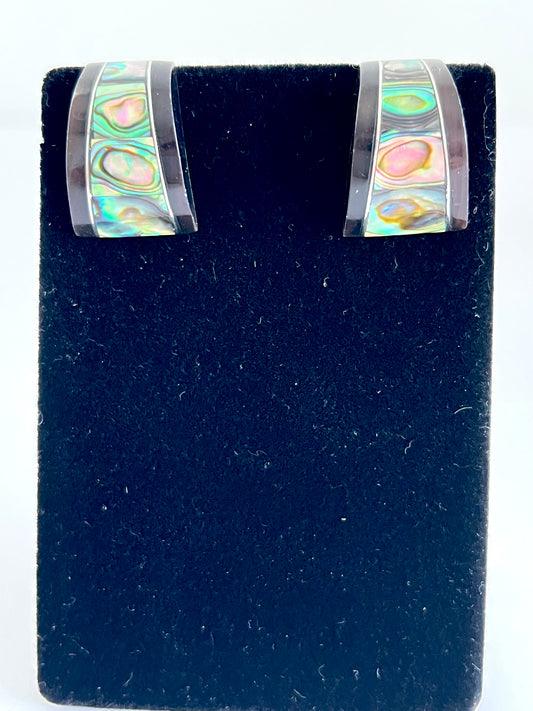 Abalone and Black Curved Post Earrings