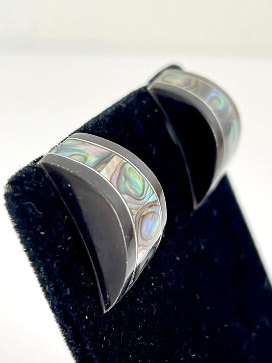 Abalone and Black Curved Post Earrings