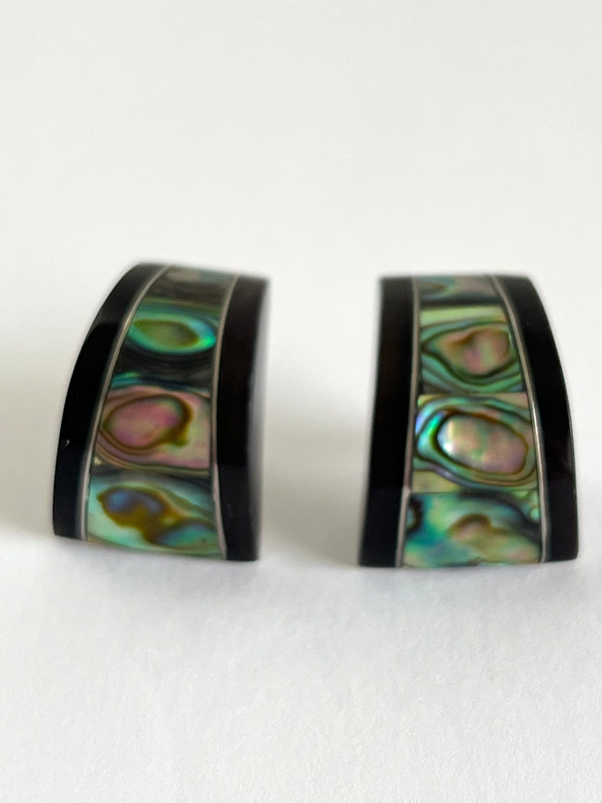 Abalone and Black Curved Post Earrings