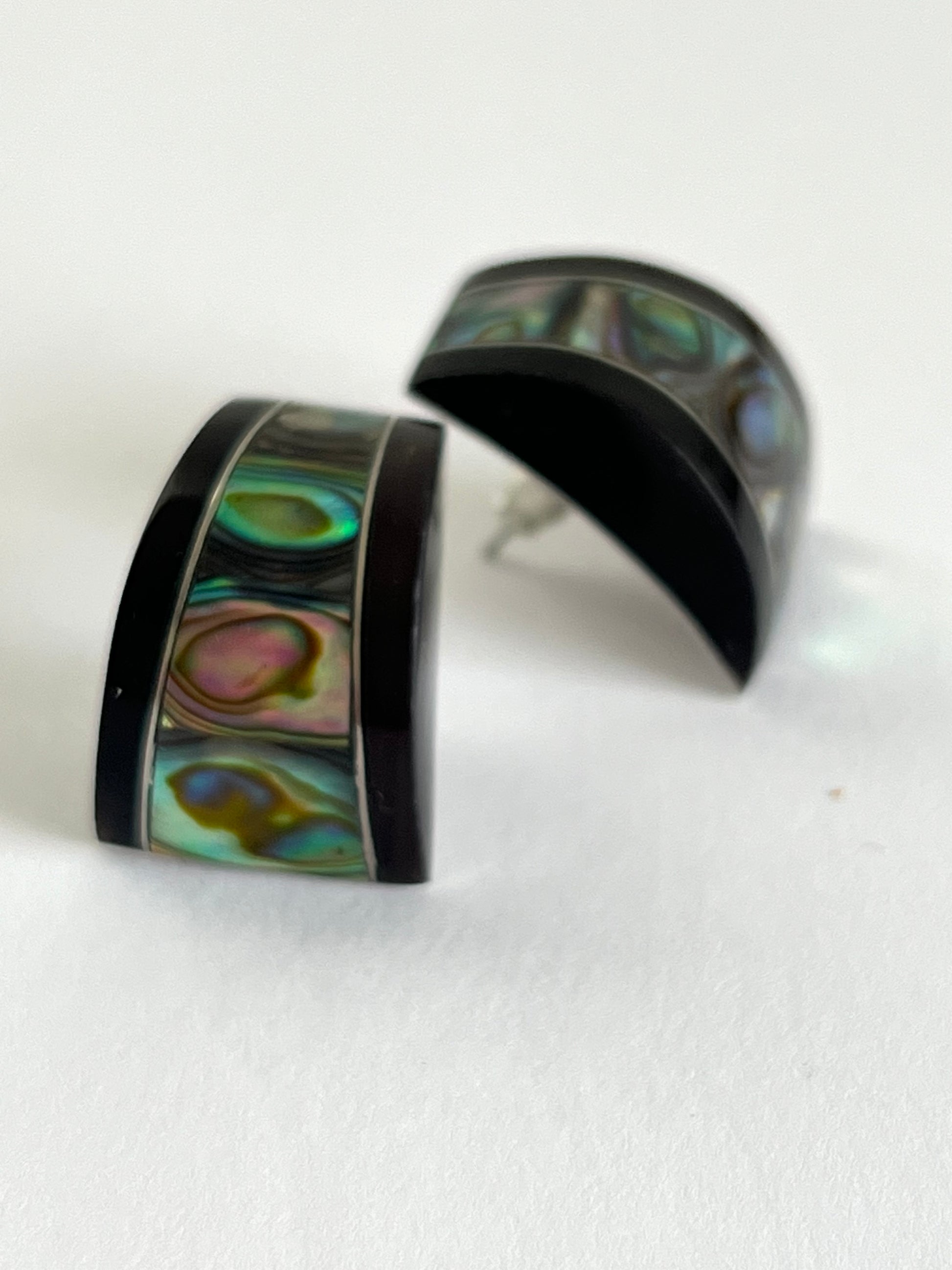 Abalone and Black Curved Post Earrings