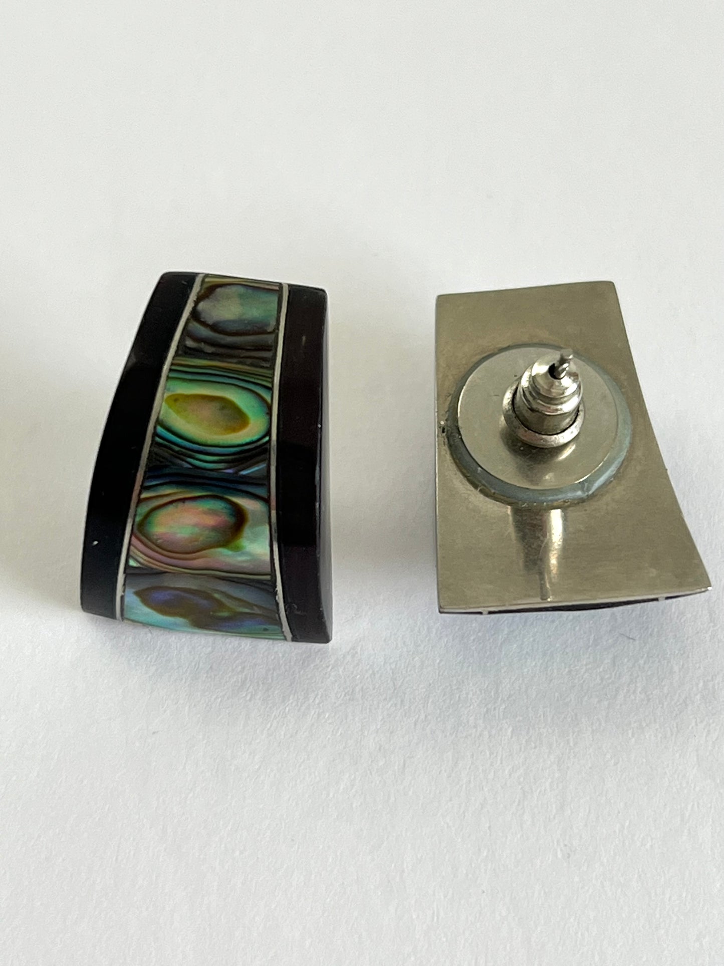 Abalone and Black Curved Post Earrings