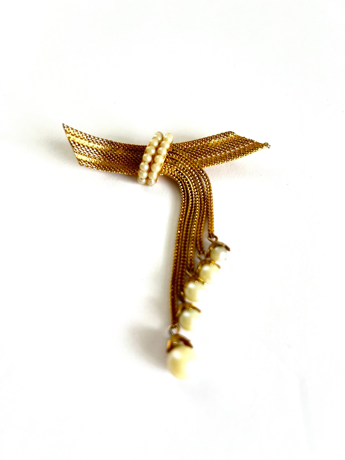 Hobe Golden Mesh and Pearl Tassel Brooch