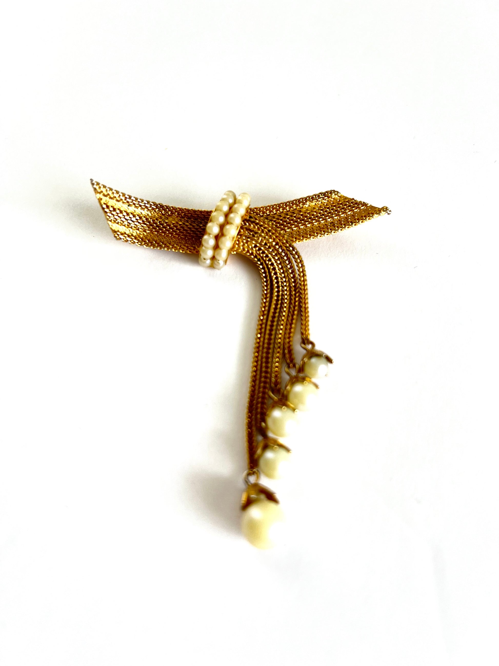 Hobe Golden Mesh and Pearl Tassel Brooch