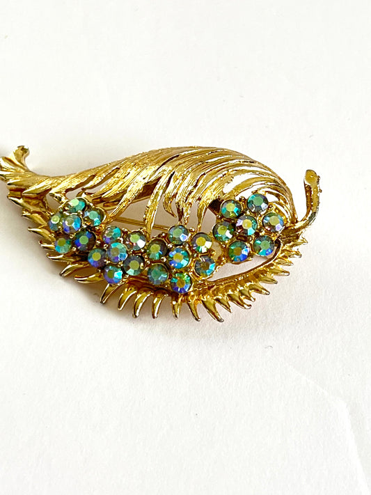 Gold Tone Leaf Brooch with AB Rhinestone Flowers