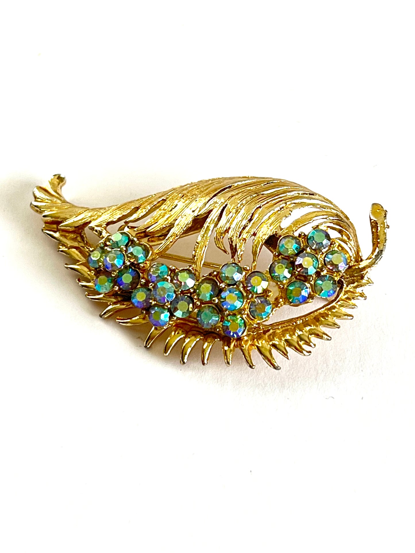 Gold Tone Leaf Brooch with AB Rhinestone Flowers