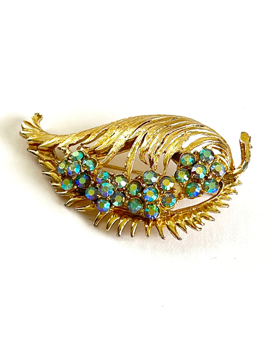 Gold Tone Leaf Brooch with AB Rhinestone Flowers