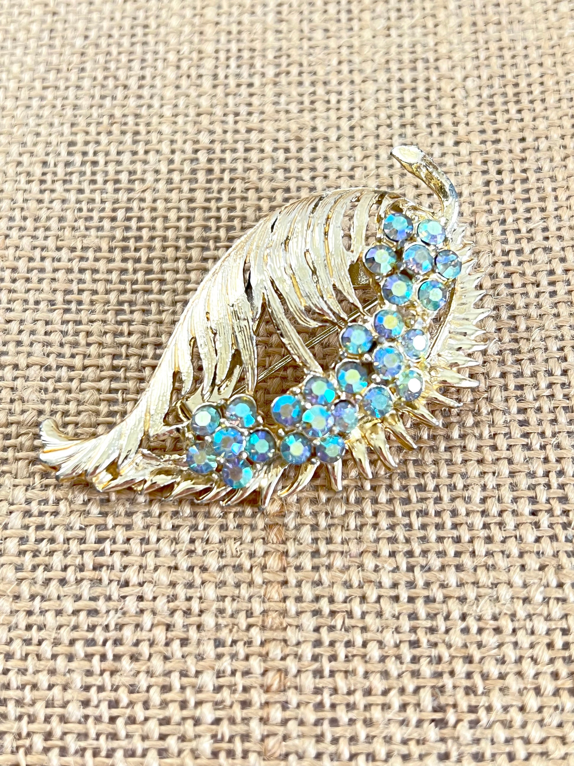 Gold Tone Leaf Brooch with AB Rhinestone Flowers