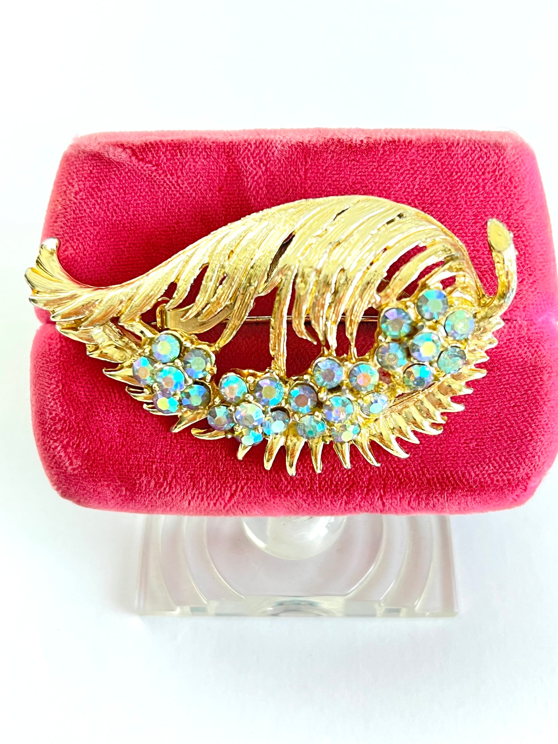 Gold Tone Leaf Brooch with AB Rhinestone Flowers