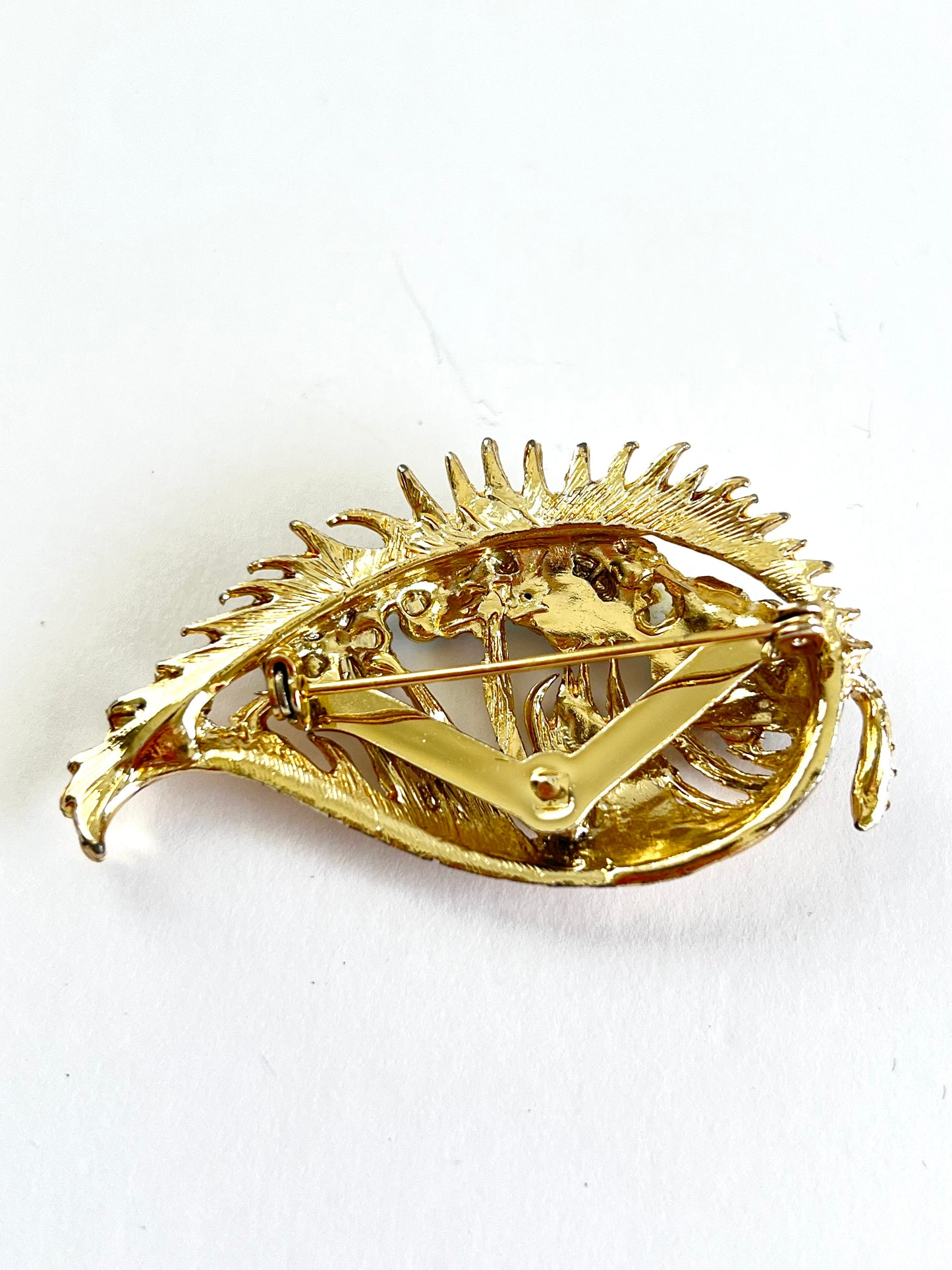 Gold Tone Leaf Brooch with AB Rhinestone Flowers