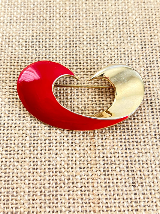 Red Enamel & Gold Tone Swirl Brooch