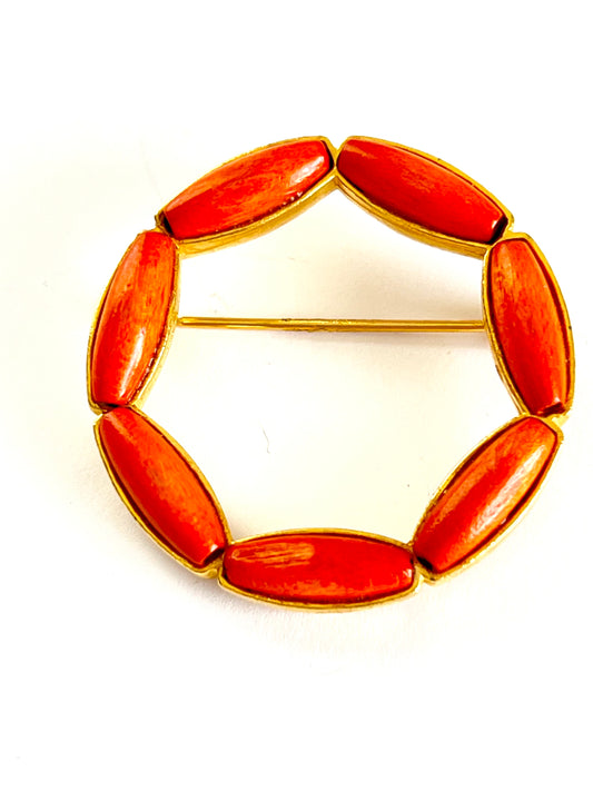 Vintage Faux Coral Circle Brooch by Jeanne