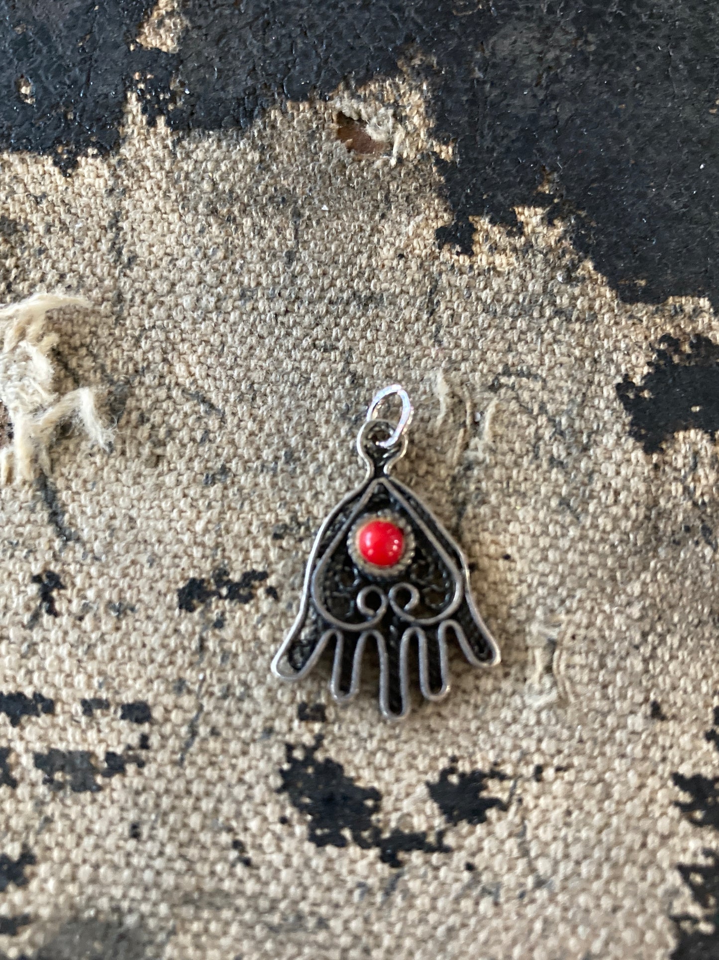 Sterling Silver Hamsa Pendant/Charm w/Coral Made in Israel