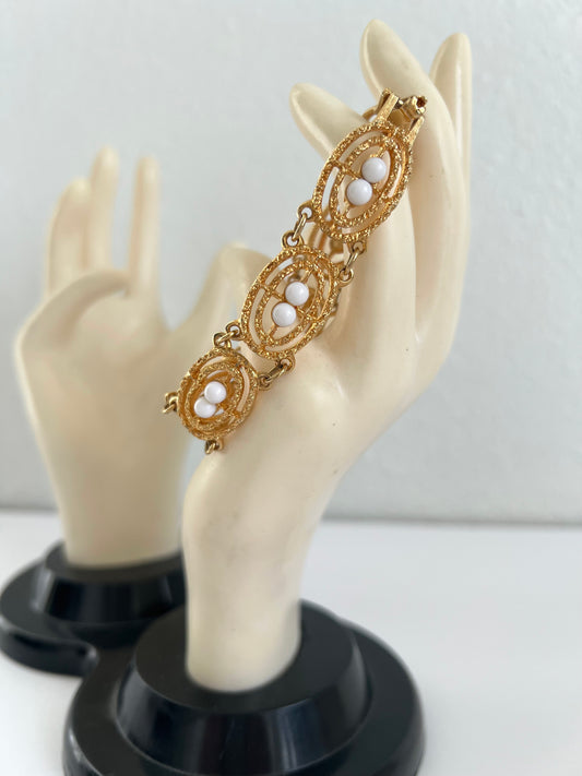 Sarah Coventry Gold Tone Link Bracelet w/ White Beads