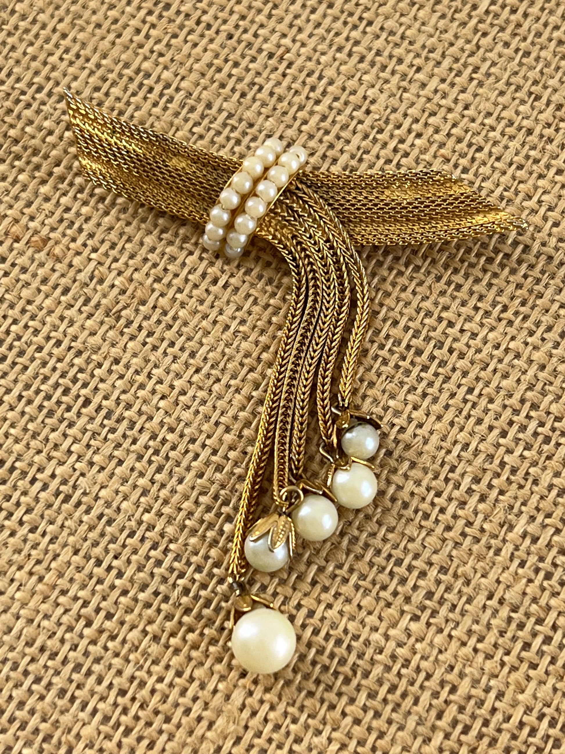 Hobe Golden Mesh and Pearl Tassel Brooch