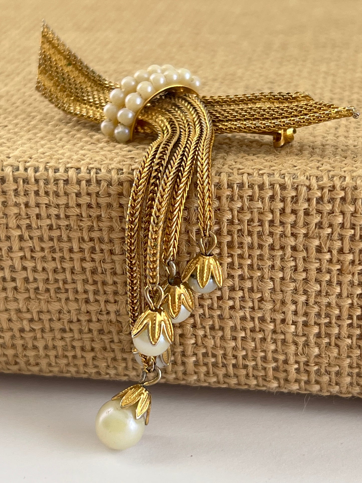 Hobe Golden Mesh and Pearl Tassel Brooch