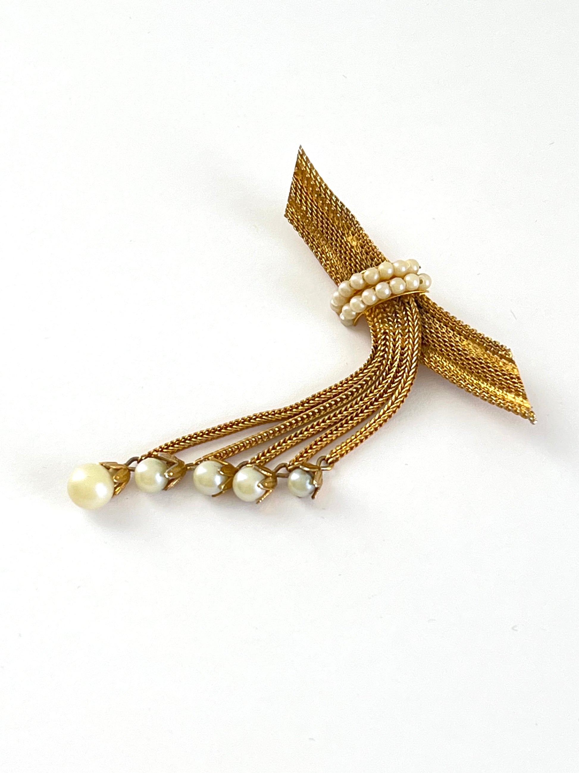 Hobe Golden Mesh and Pearl Tassel Brooch