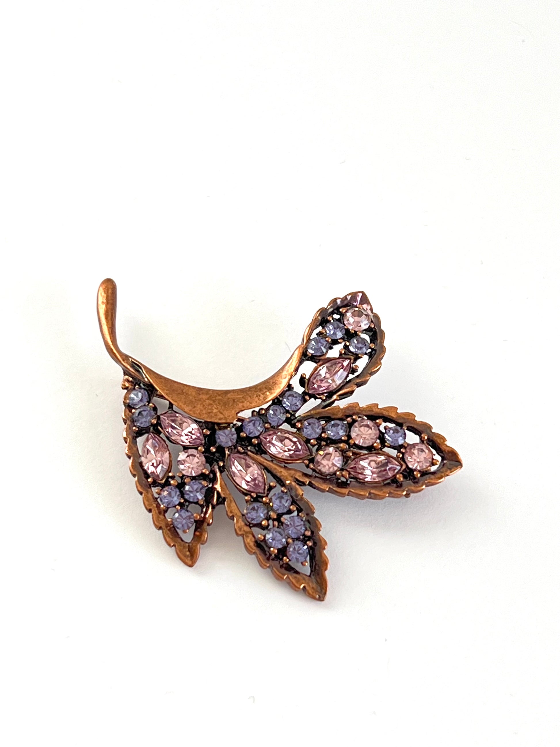 Copper Color Purple Rhinestone Leaf Shaped Brooch
