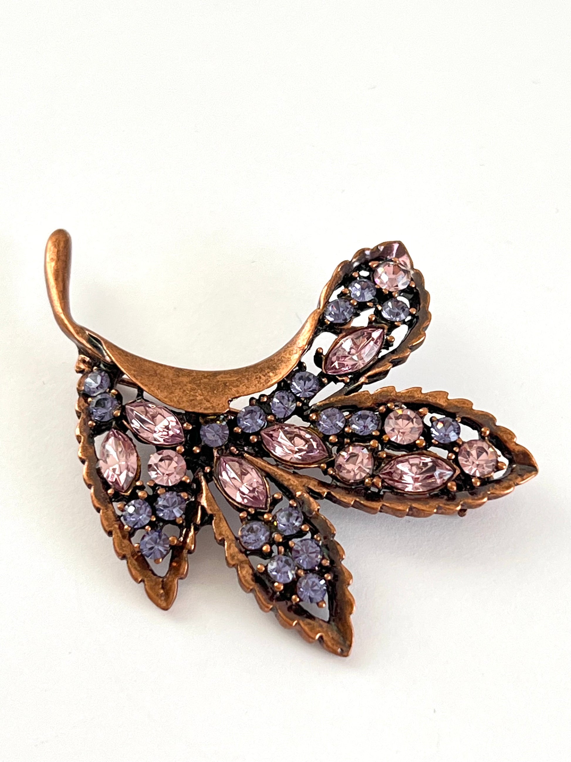 Copper Color Purple Rhinestone Leaf Shaped Brooch