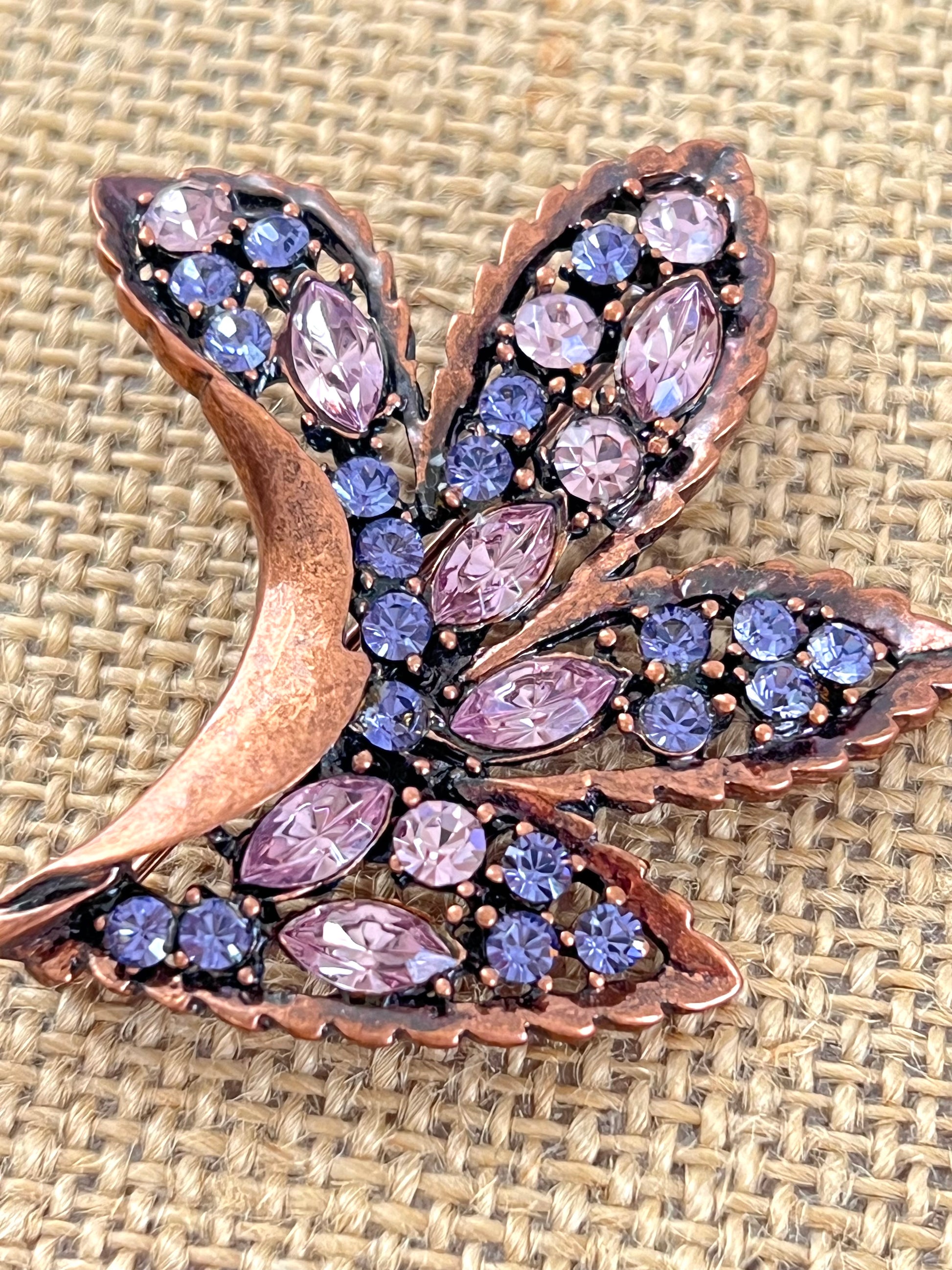 Copper Color Purple Rhinestone Leaf Shaped Brooch