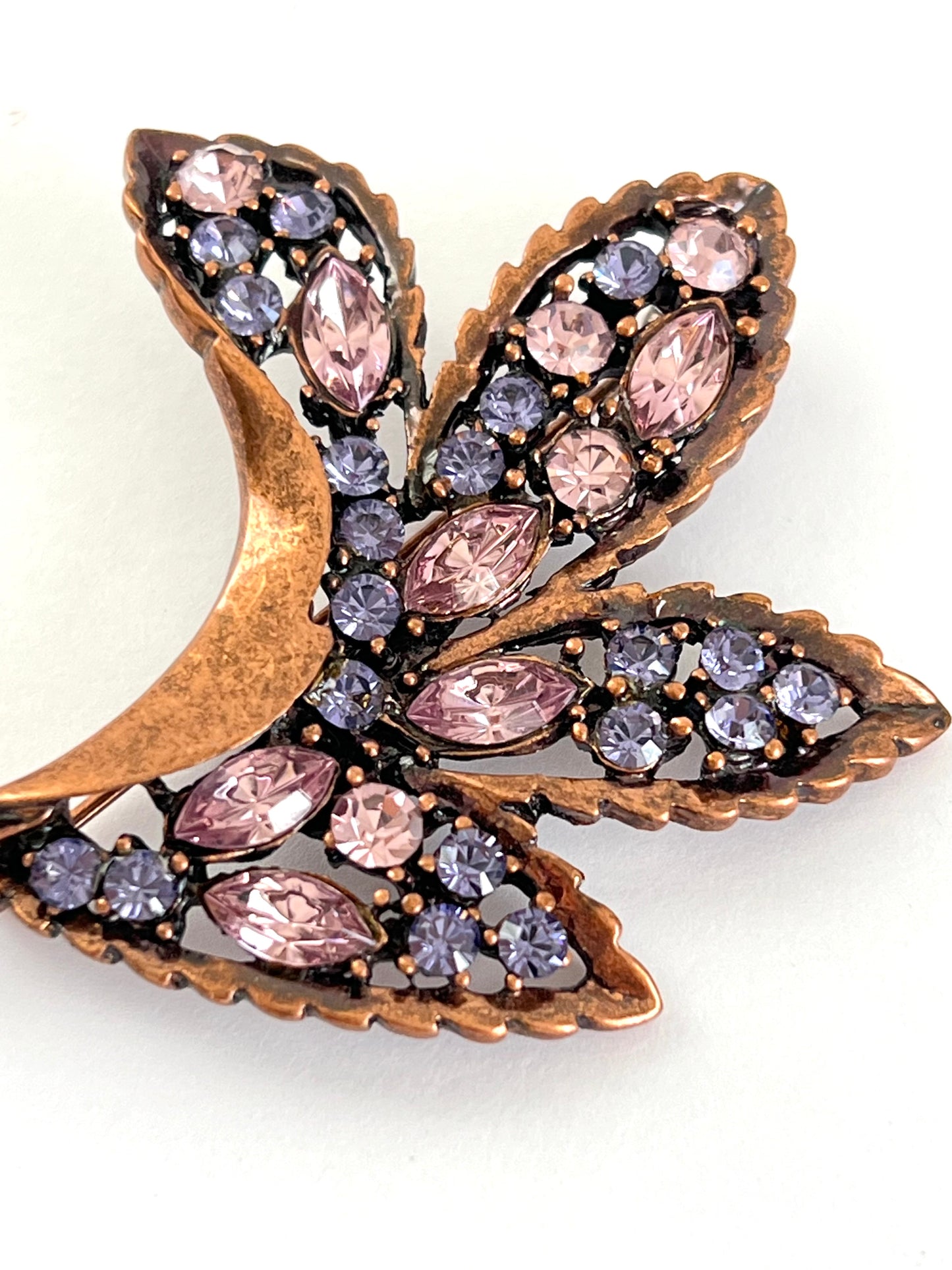 Copper Color Purple Rhinestone Leaf Shaped Brooch