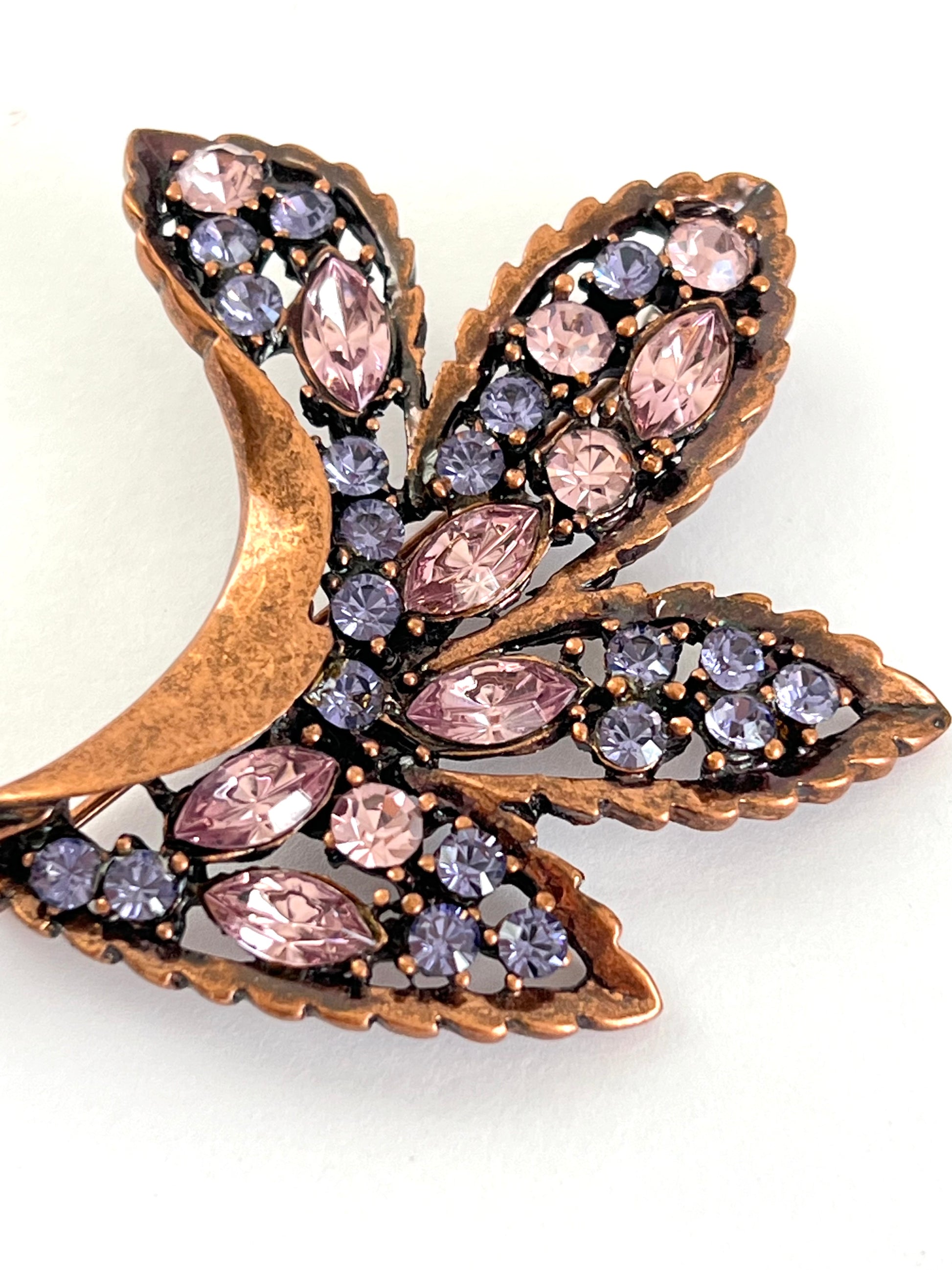 Copper Color Purple Rhinestone Leaf Shaped Brooch