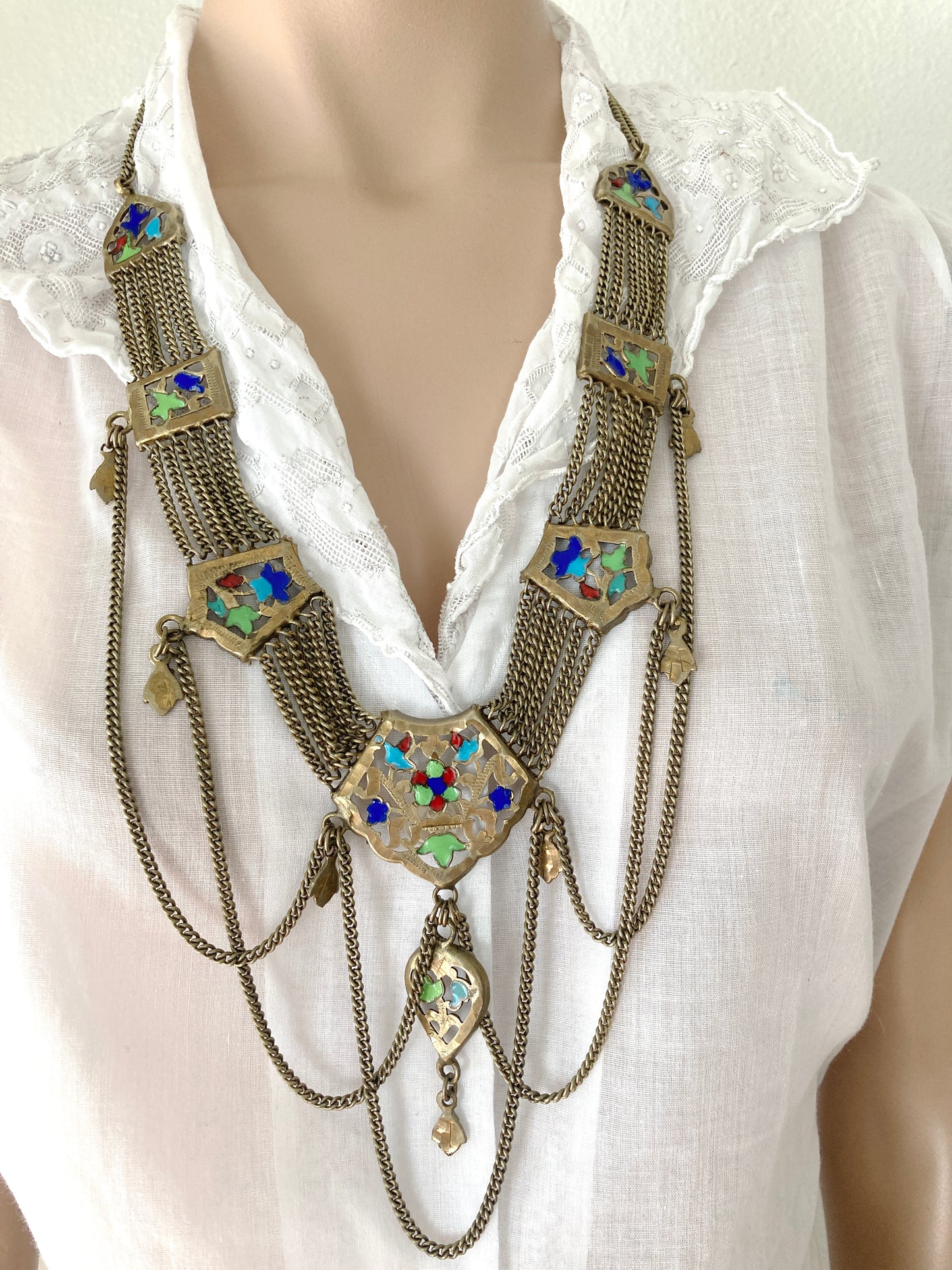 Egyptian Revival Brass Enamel Festoon Necklace