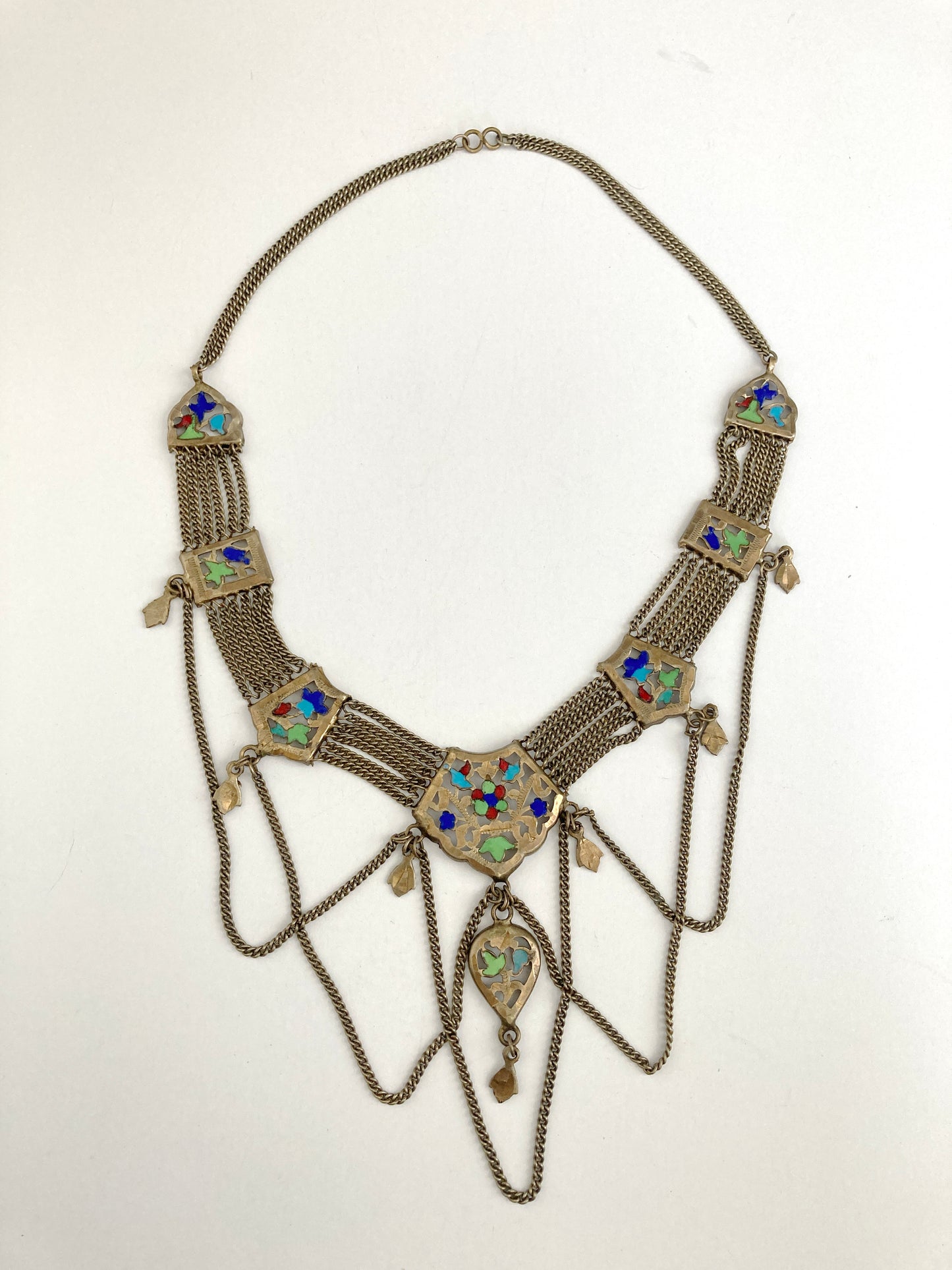 Egyptian Revival Brass Enamel Festoon Necklace