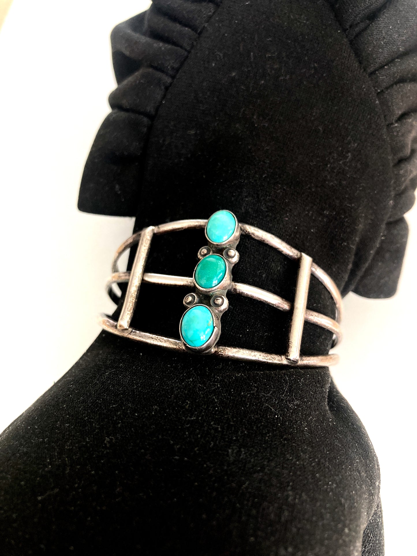 Sterling and Turquoise Three Stone Openwork Cuff Bracelet