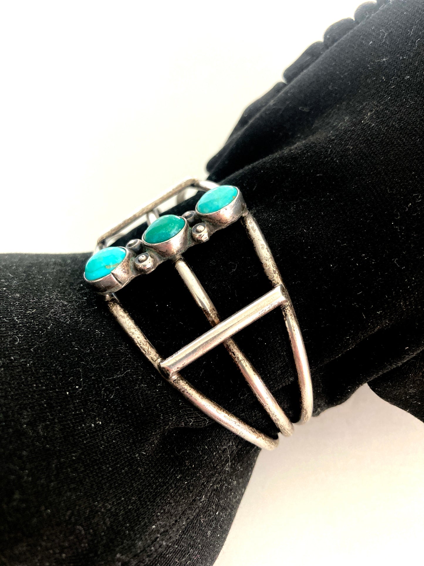 Sterling and Turquoise Three Stone Openwork Cuff Bracelet