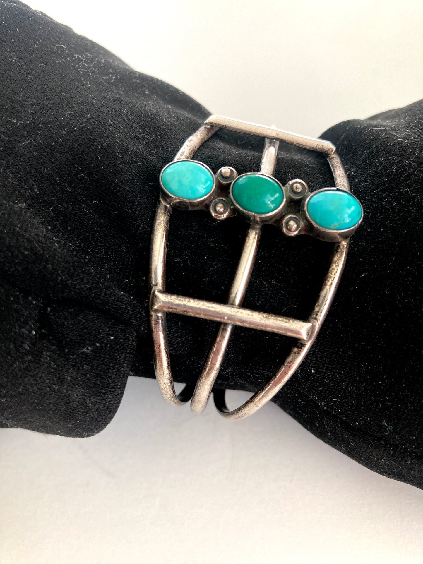 Sterling and Turquoise Three Stone Openwork Cuff Bracelet