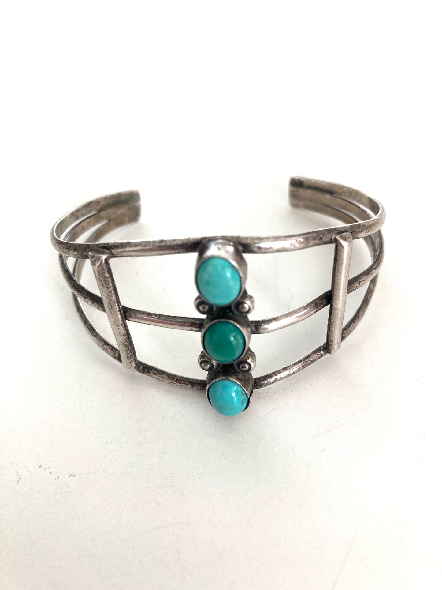 Sterling and Turquoise Three Stone Openwork Cuff Bracelet