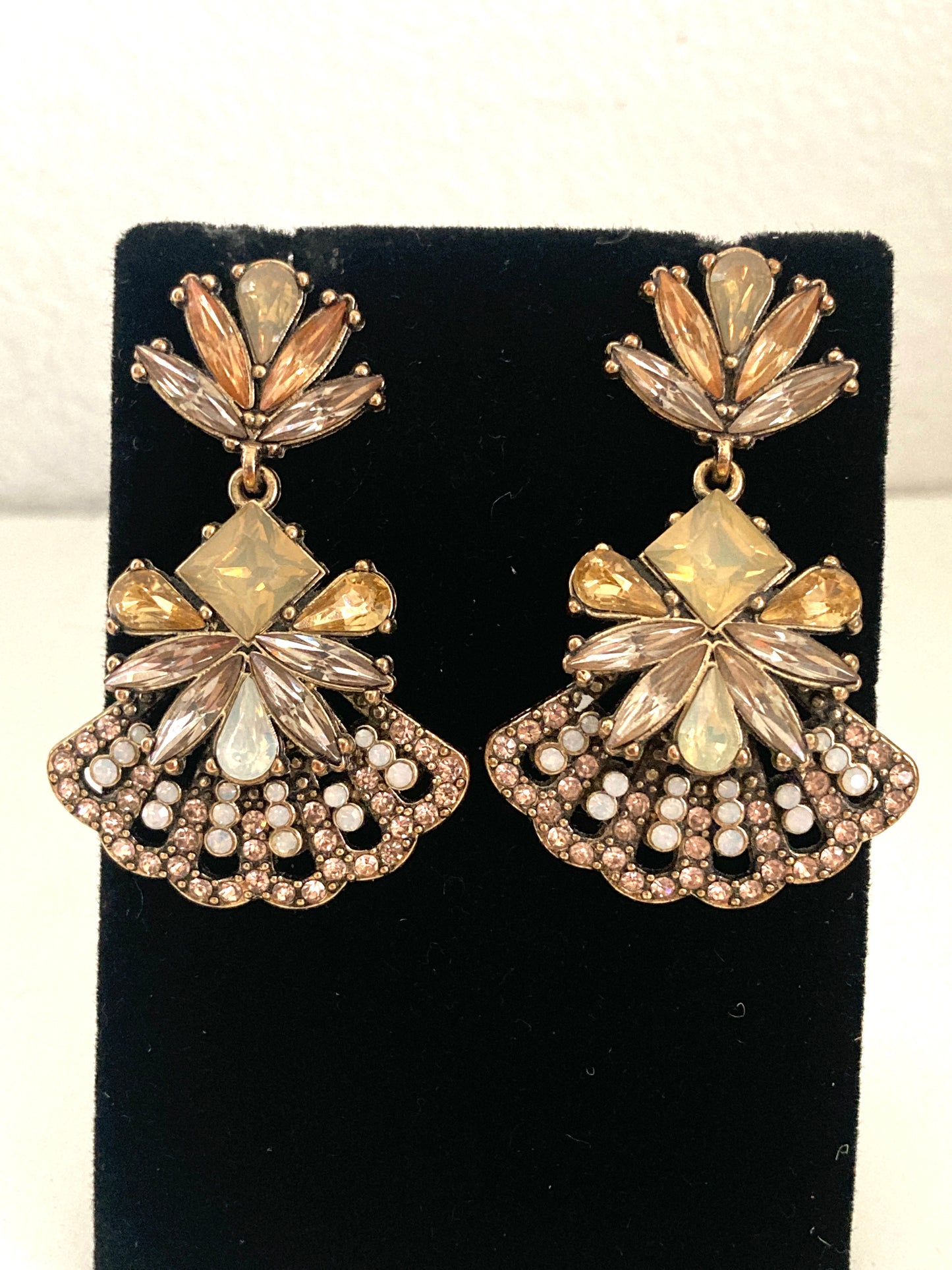 Big Bold Rhinestone Earrings Light Amber and Cream