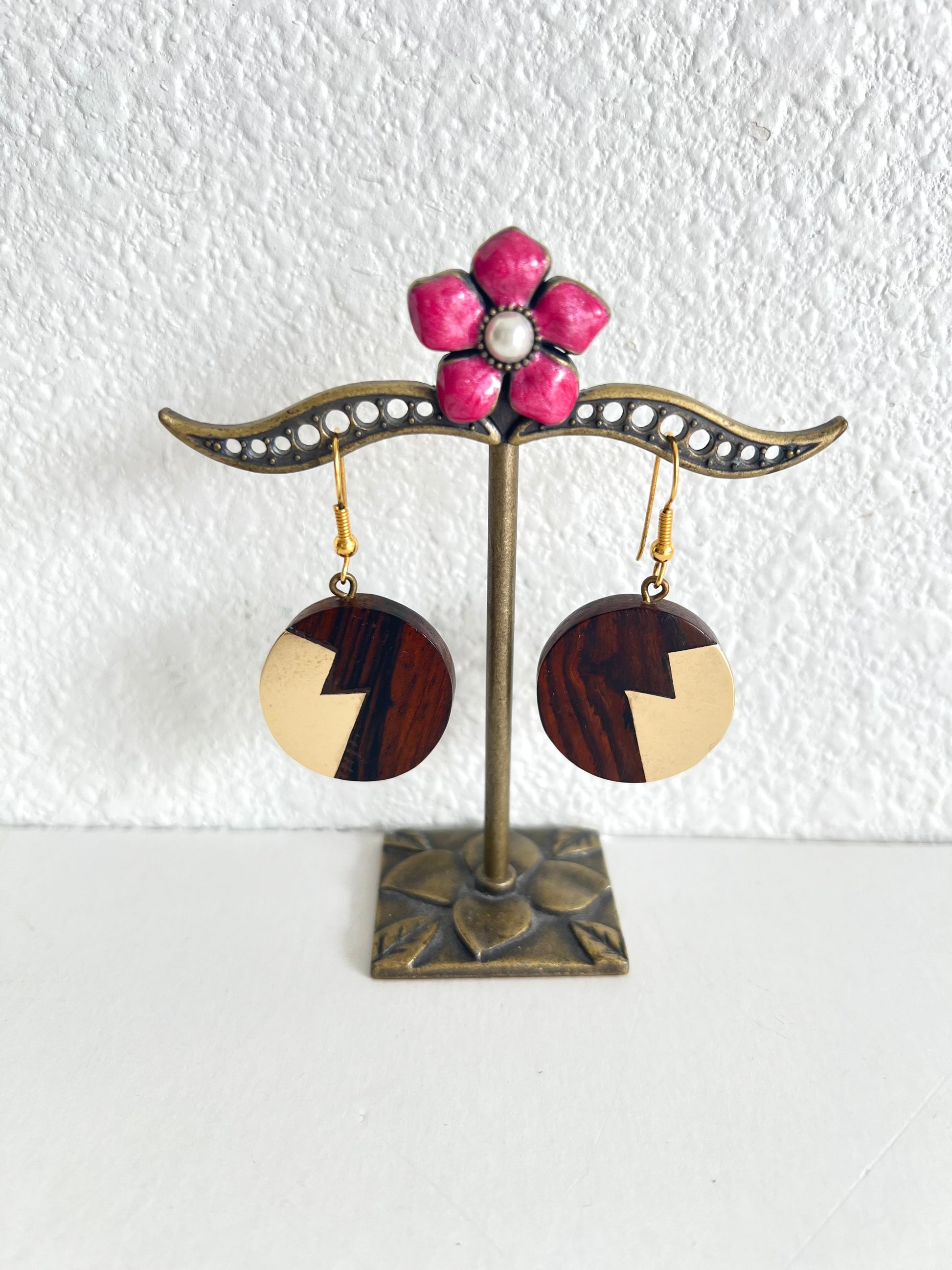 Round Wood and Brass Earrings