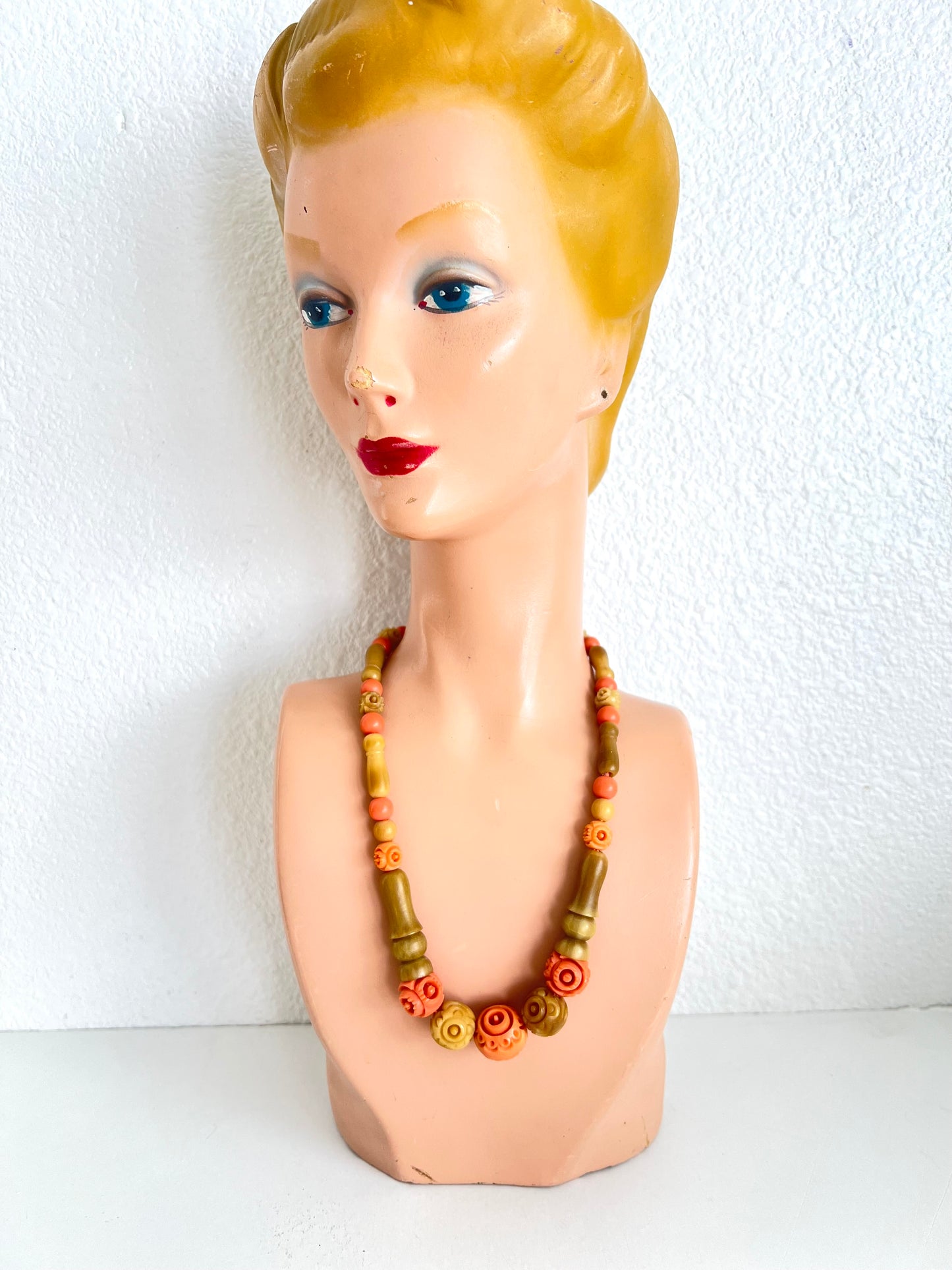 Beige and Orange Galalith Necklace, French Bakelite