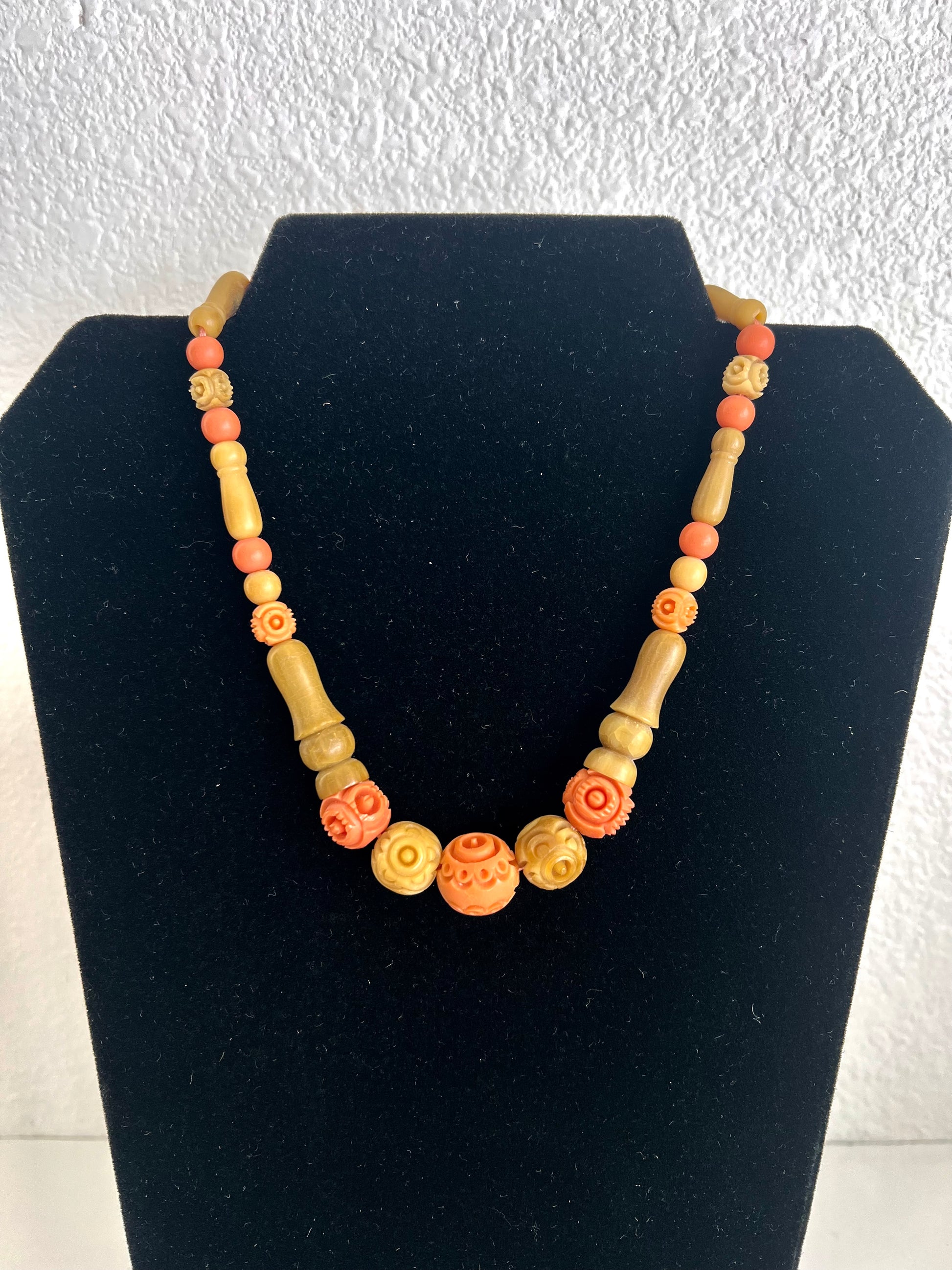 Beige and Orange Galalith Necklace, French Bakelite