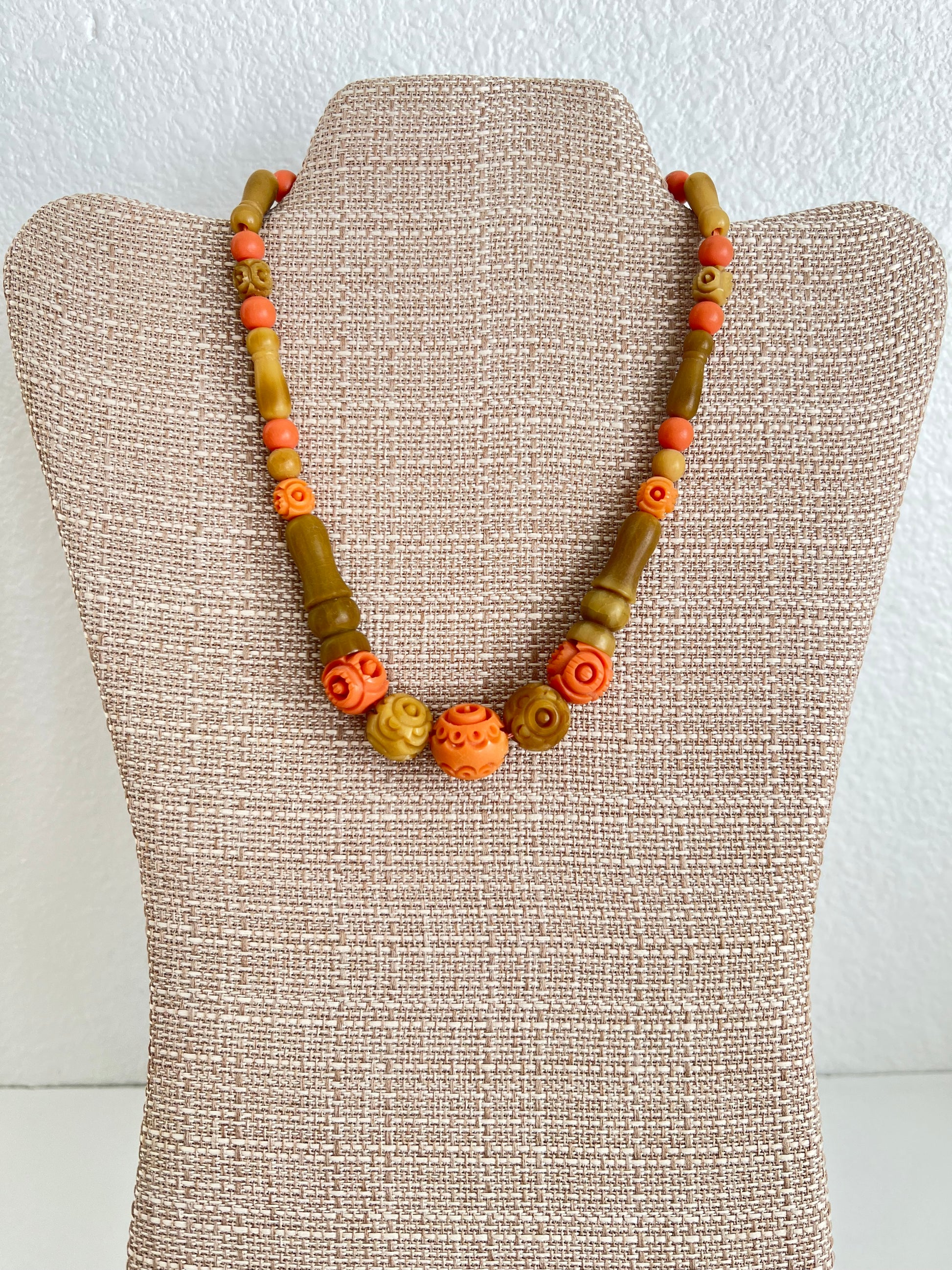 Beige and Orange Galalith Necklace, French Bakelite