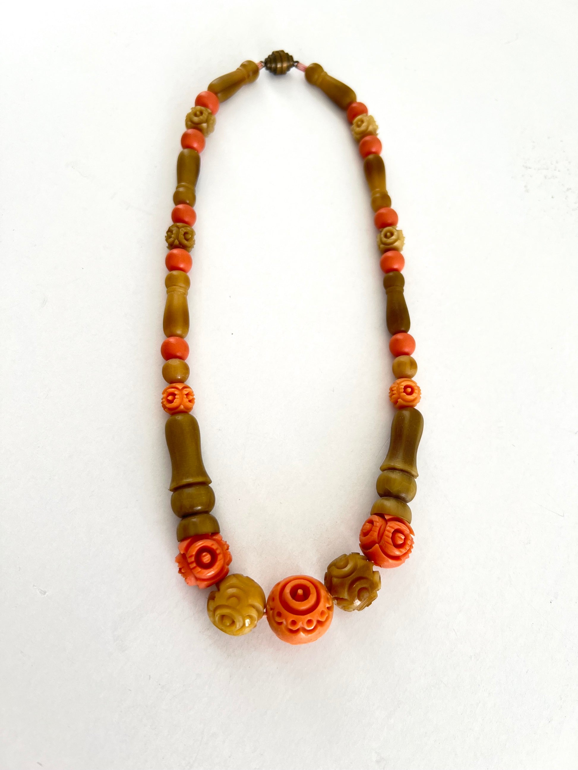 Beige and Orange Galalith Necklace, French Bakelite