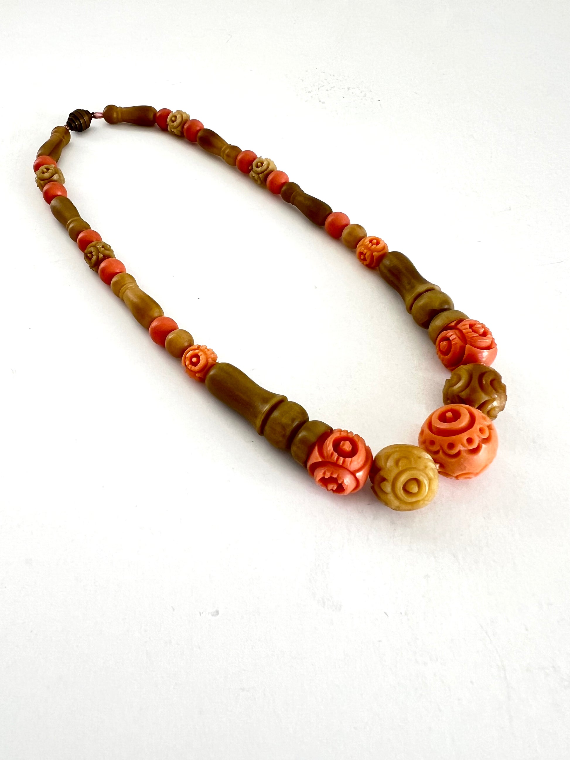 Beige and Orange Galalith Necklace, French Bakelite
