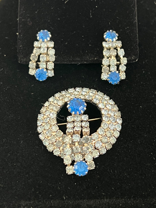 Blue Rhinestone Waterfall Circle Brooch w/ matching Earrings 