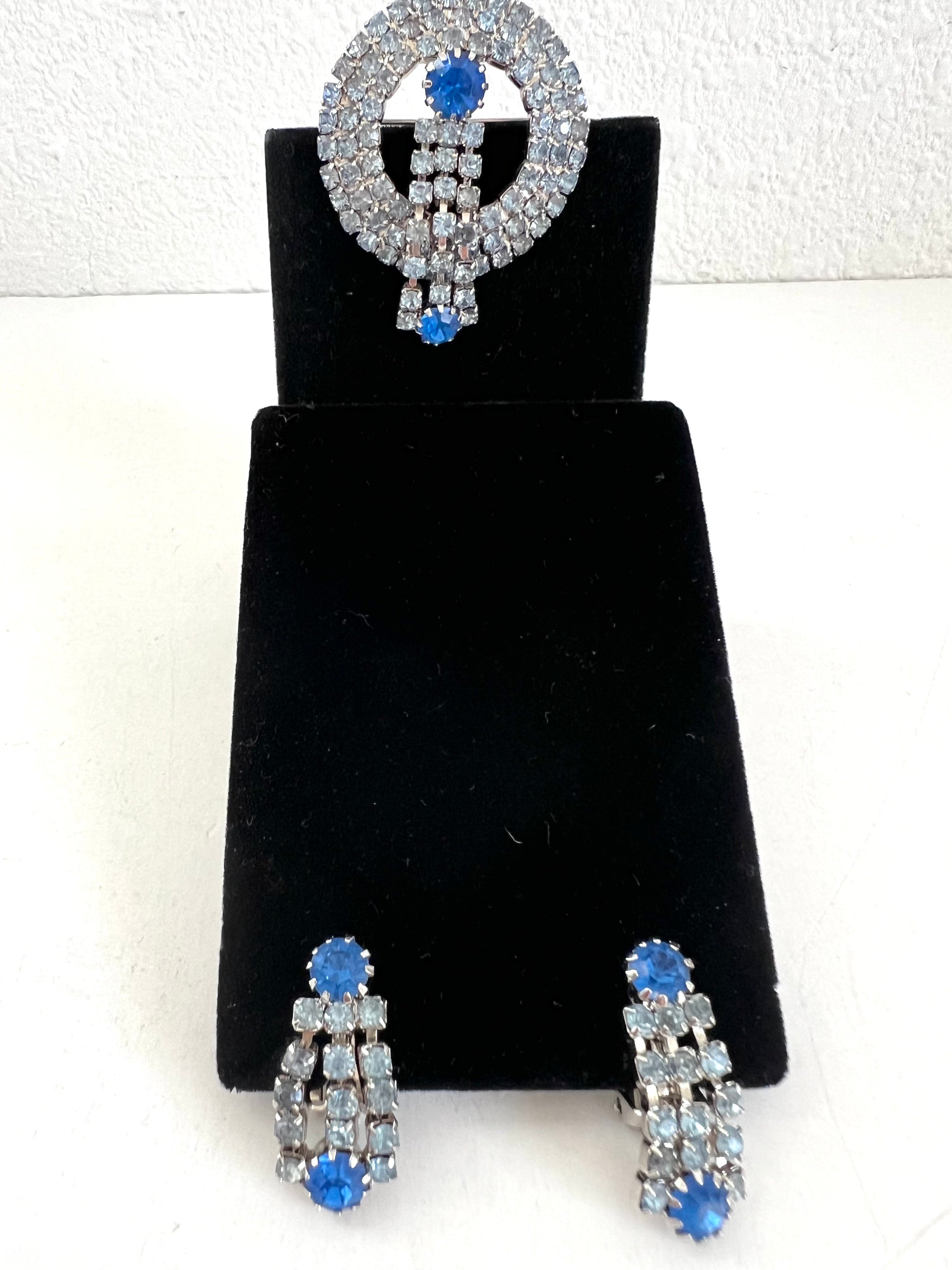 Blue Rhinestone Waterfall Circle Brooch w/ matching Earrings 