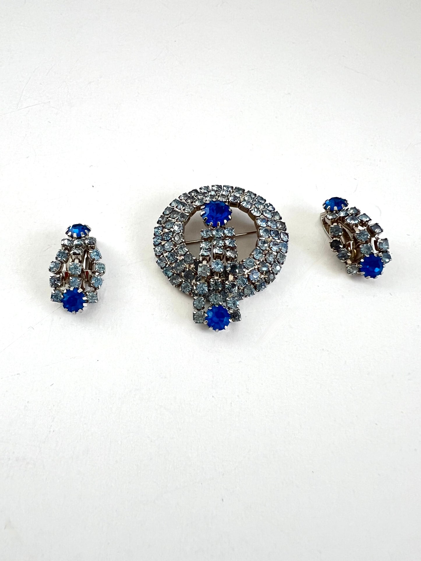Blue Rhinestone Waterfall Circle Brooch w/ matching Earrings