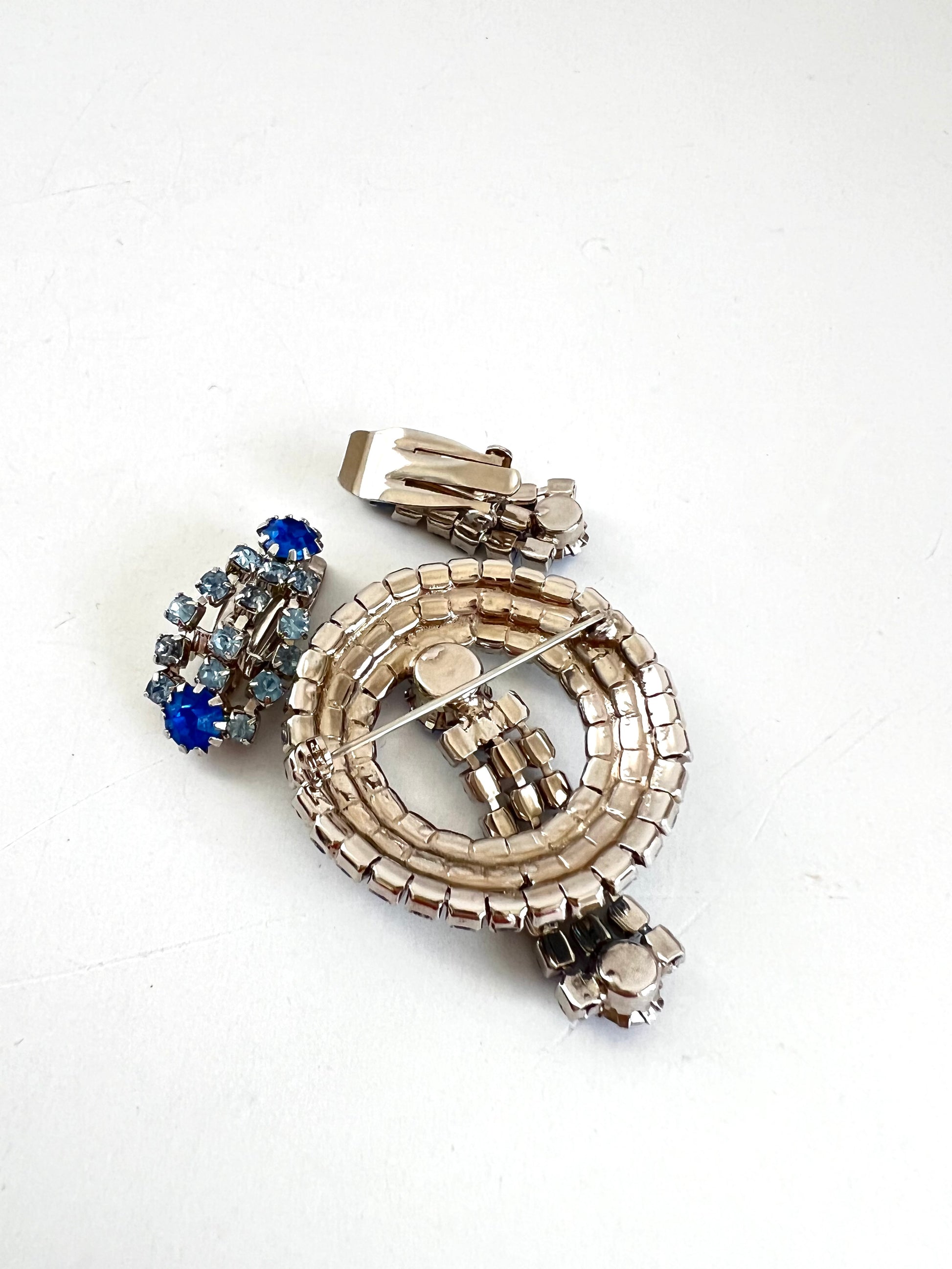 Blue Rhinestone Waterfall Circle Brooch w/ matching Earrings 