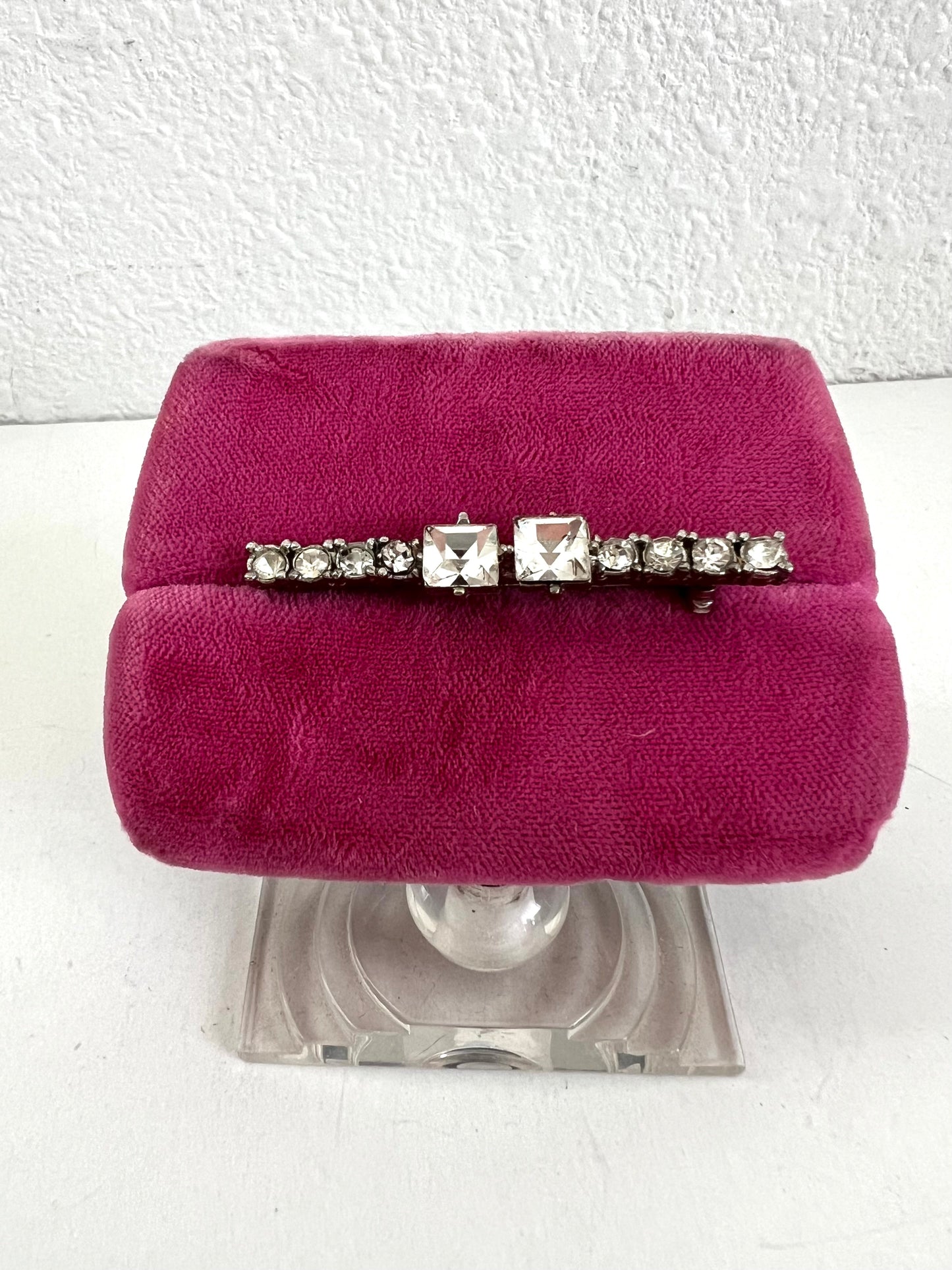 Rhinestone Silver Tone Antique Bar Brooch Emerald Cut Prong Set Stones