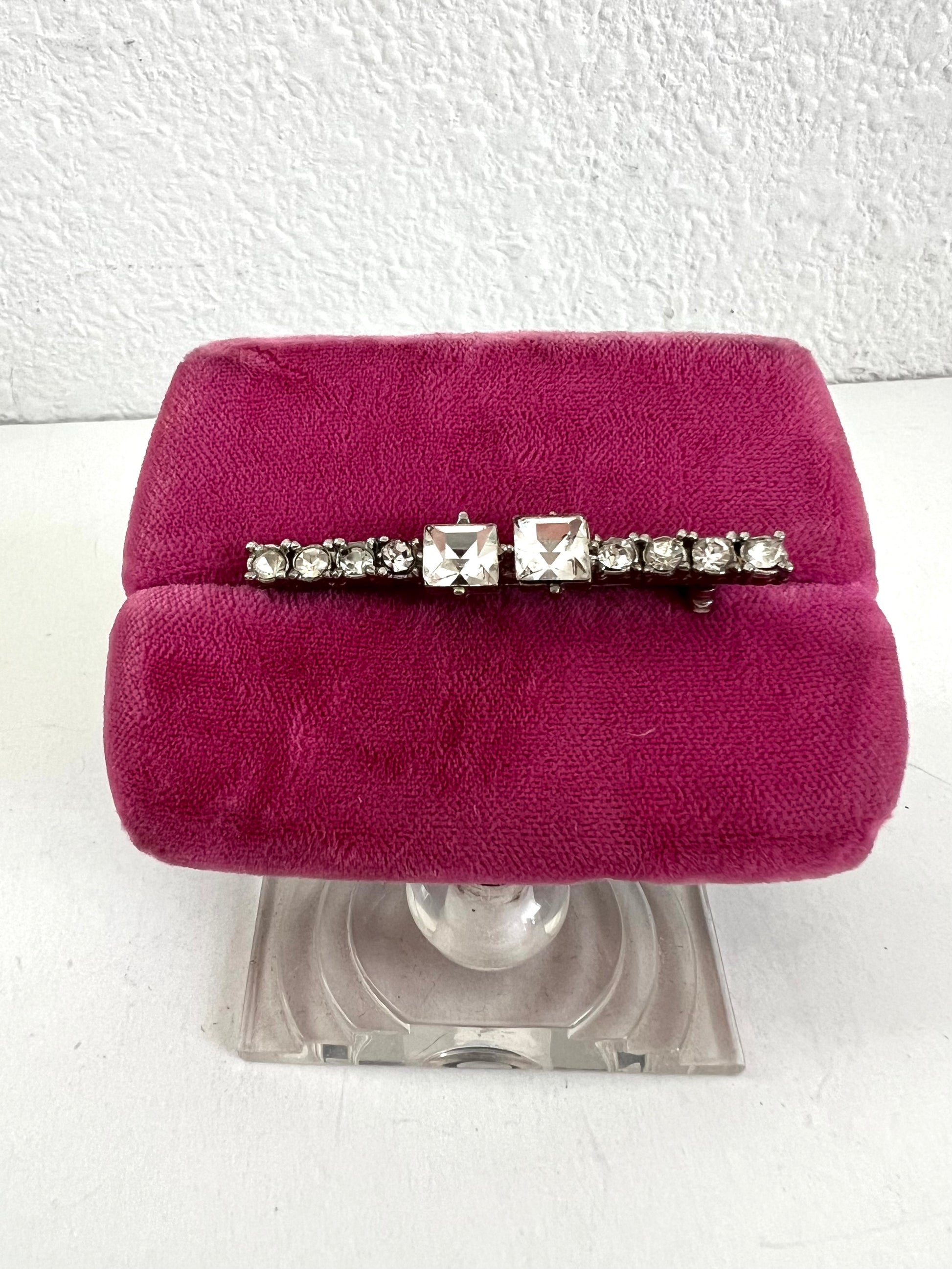 Rhinestone Silver Tone Antique Bar Brooch Emerald Cut Prong Set Stones