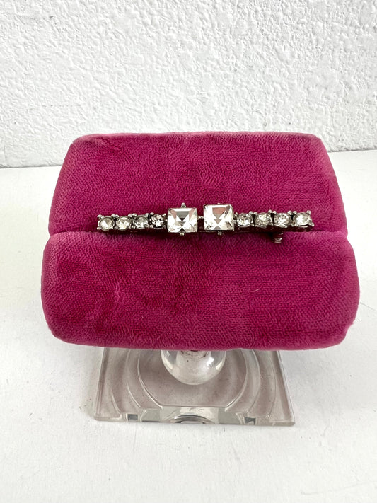 Rhinestone Silver Tone Antique Bar Brooch Emerald Cut Prong Set Stones