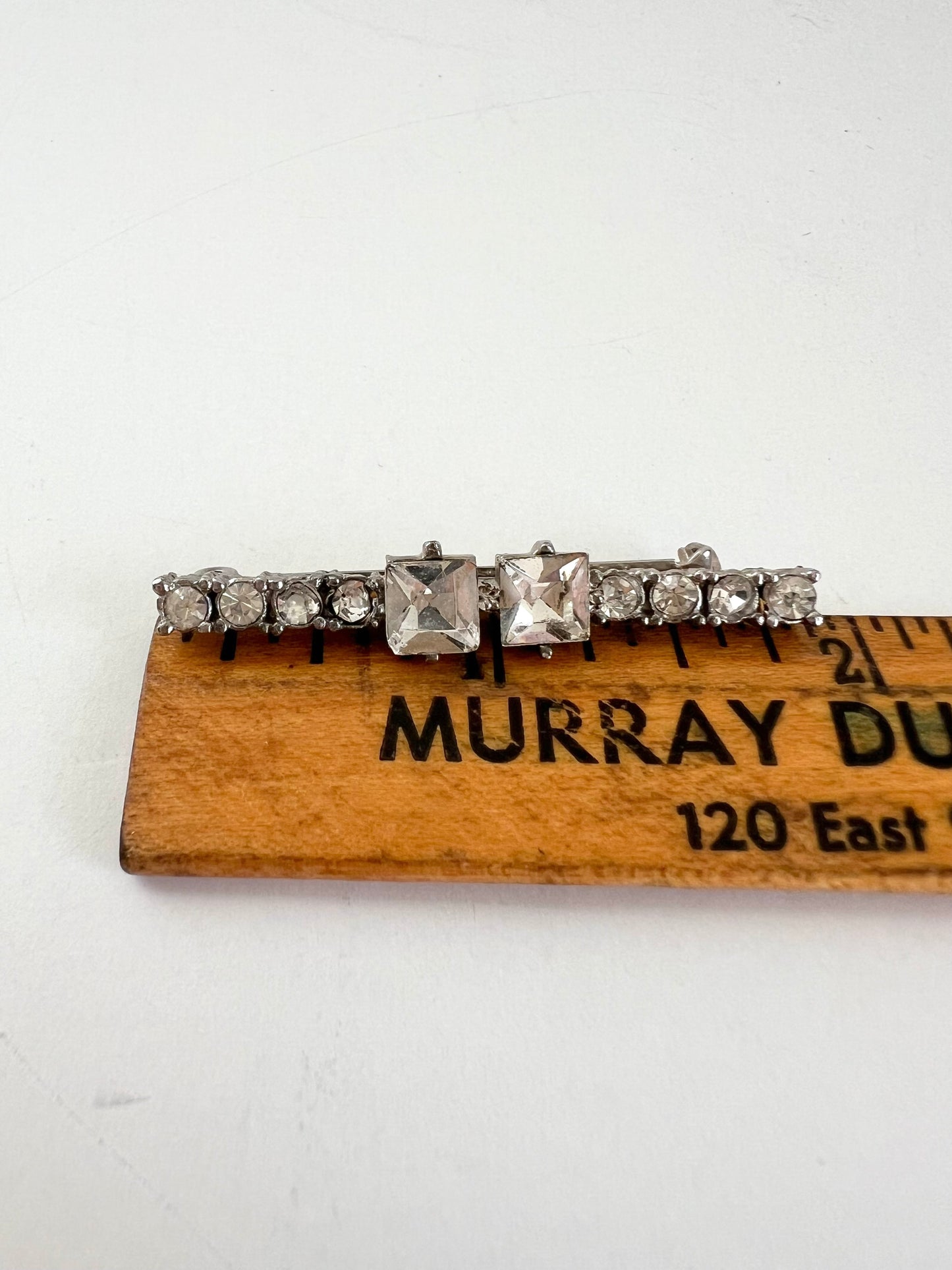Rhinestone Silver Tone Antique Bar Brooch Emerald Cut Prong Set Stones