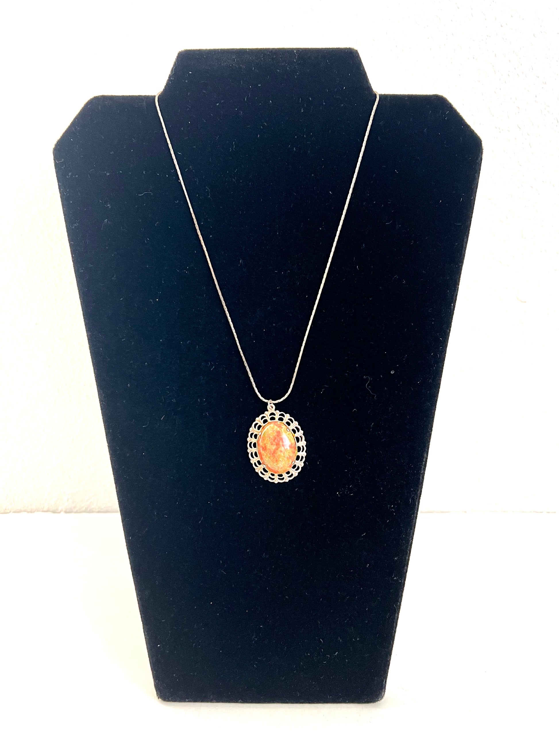 Oval Unakite Pendant Necklace Silver Metal Stamped Frame